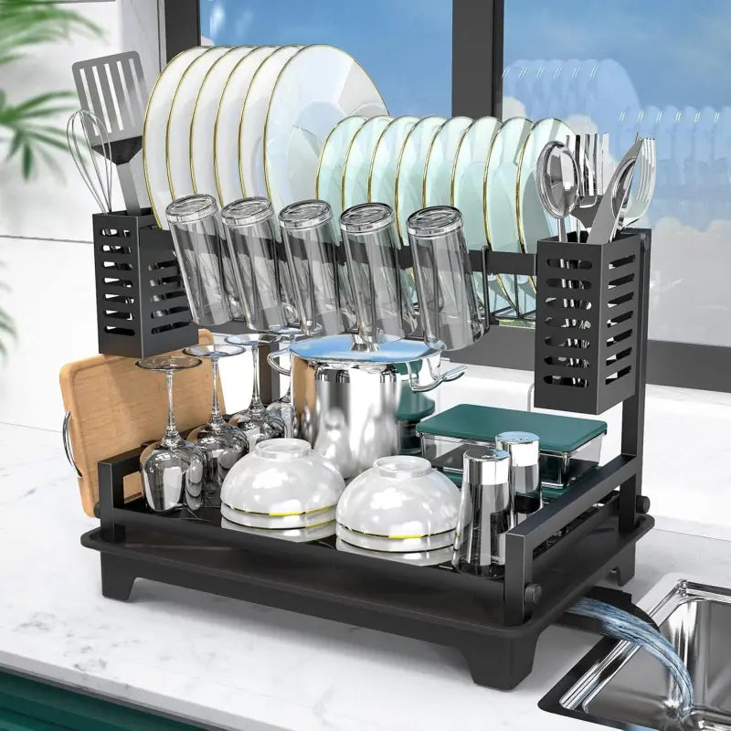 Dish Drying Rack, 2 Tier Dish Racks for Kitchen Counter, Large Dish Drying Rack with Drainboard & Utensil Holders Rust-Proof Dish Drainers Kitchen Organization