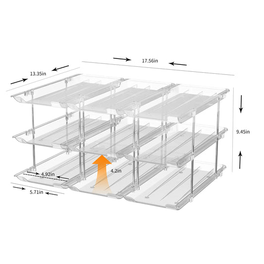 3-Tier Stackable Plastic Can Organizer Shelf - Compact Auto-Rolling Cabinet Organizer Racks, 3 Interlocking Sets Holds 36 Cans, 4.9" Tight Fit Space-Saving Beverage Holder for Pantry & Fridge Organization