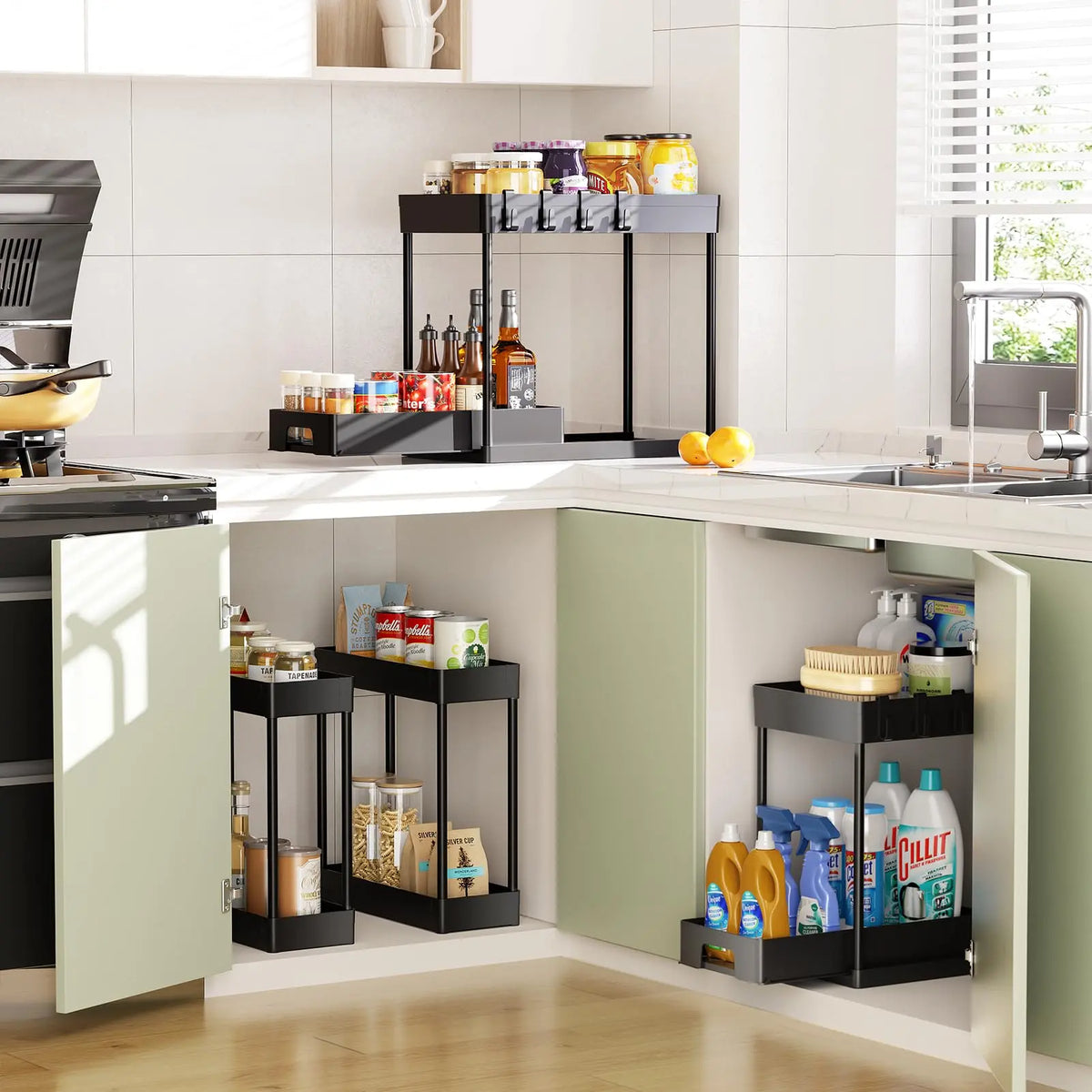 YECAYE 3-Pack 2-Tier Adjustable Storage Rack, Slide-Out Spice Bottle Holder for Large/Small Spaces, Under-Sink & Countertop Organizer for Tiny Kitchens, 3 Units Space-Saving Shelving for Baking & Bathroom Use