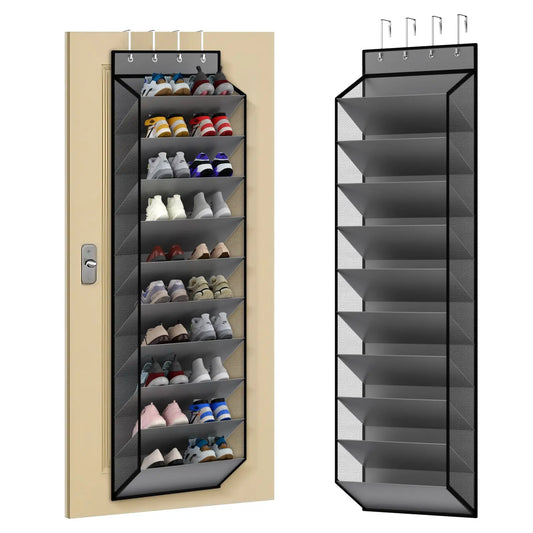 20 Pair Shoe Storage Bag, 10 Tier Hanging Organizer, Mesh Shoe Rack with 4 Metal Hooks, Closet and Door Back Storage Solution