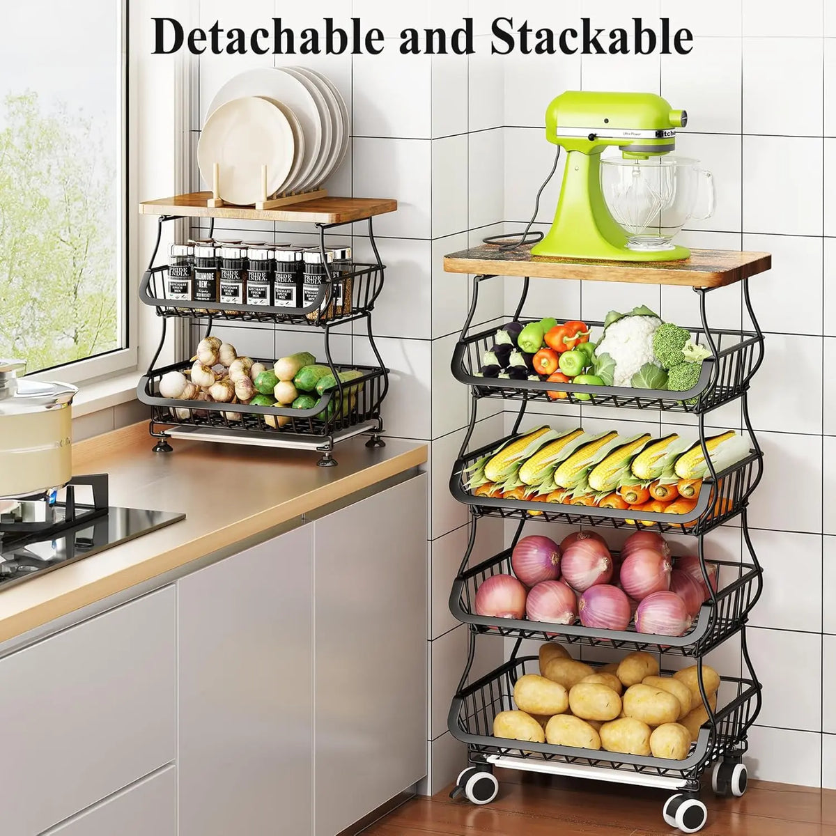 5-Tier Wooden Top Metal Wire Mesh Fruit & Vegetable Organiser, Stackable Kitchen Storage Cart with Wheels, Garage & Pantry Bin Rack for Onions & Potatoes