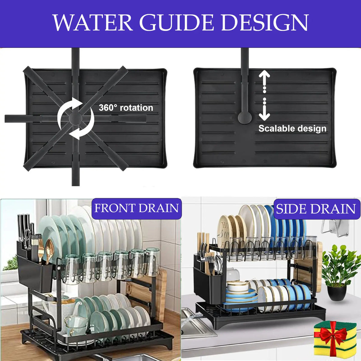 2-Tier Dish Drying Rack with 3 Sponges and 1 Holder, Large Capacity Dish Drying Organizer with Drainboard, Kitchen Space Saver Cutlery Organizer