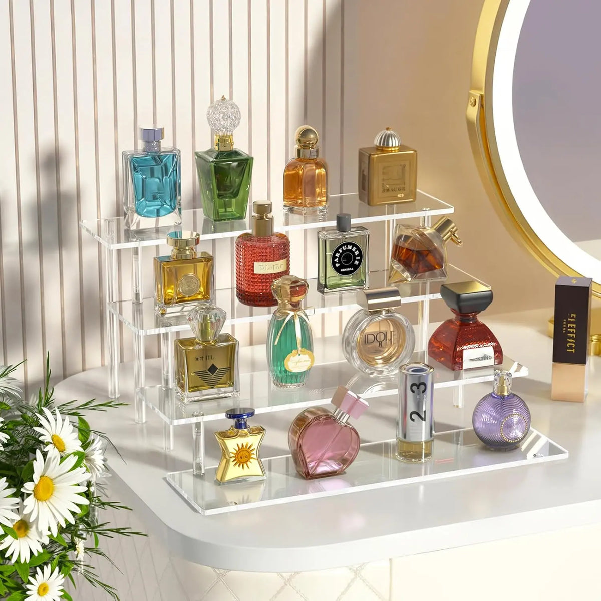 4-Tier Acrylic Display Riser Stand Clear Display Shelf Organizer for Perfume, Cupcakes, Desserts, Collectibles, Figures & Decorations, Multi-Level Countertop Display Rack for Home, Parties & Retail Displays