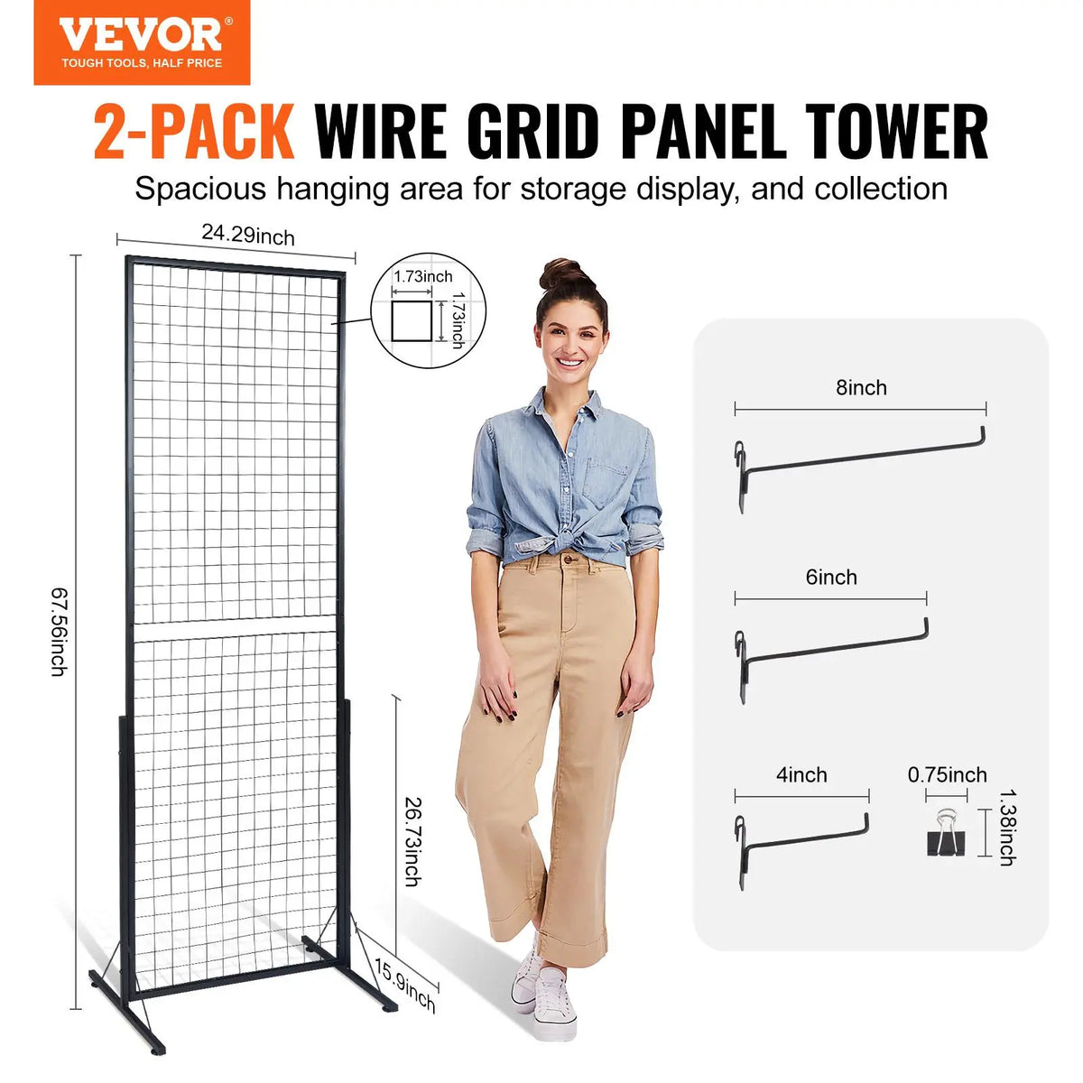 VEVOR 2'x5.6' Wire Mesh Grid Wall Panel Tower Set, 2-Pack Floorstanding Office/Study Display Racks with T-Base, Double-Side Panels for Decoration, Includes Extra Clips & Hooks for Hanging Pot Organization