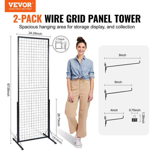 VEVOR 2'x5.6' Wire Mesh Grid Wall Panel Tower Set, 2-Pack Floorstanding Office/Study Display Racks with T-Base, Double-Side Panels for Decoration, Includes Extra Clips & Hooks for Hanging Pot Organization