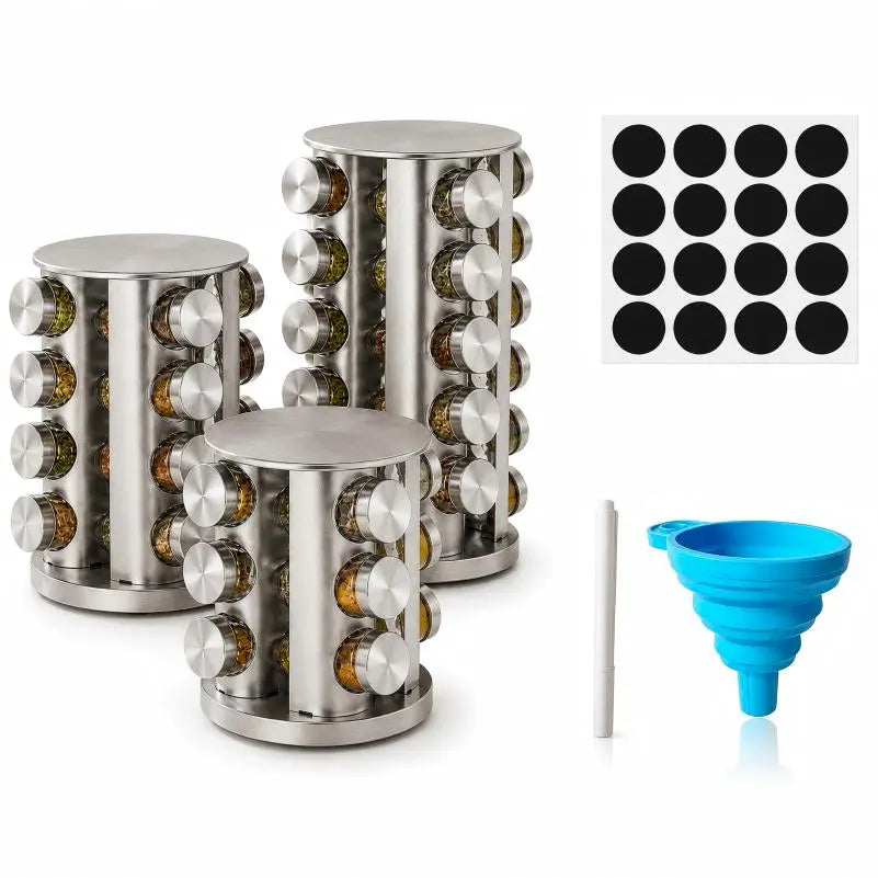 12/16/20jars Rotating Spice Rack Organizer with Jars, 360° Revolving Spice Rack Tower for Kitchen Countertop, Cabinet or Pantry, Stainless Steel Space-Saving Seasoning Organizer with Reusable Labels, Funnel and Marker