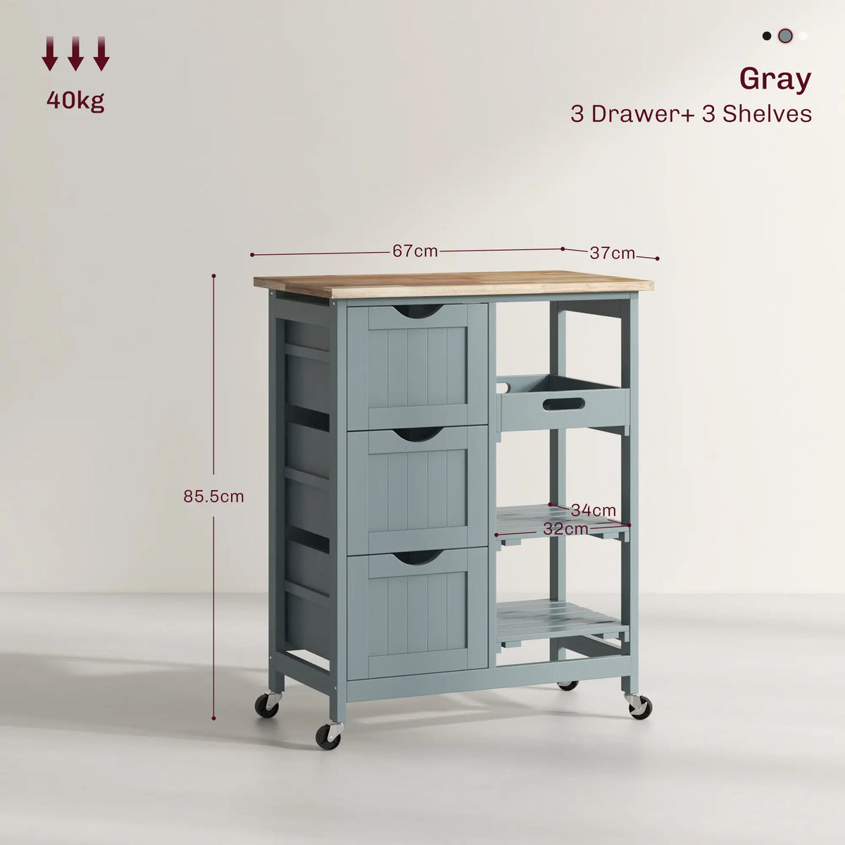 HOMCOM Compact Kitchen Island Organiser Cart on Wheels - Portable Storage Unit with Cabinet, Racks, Storage Shelf & Drawer for Dining Room, Grey