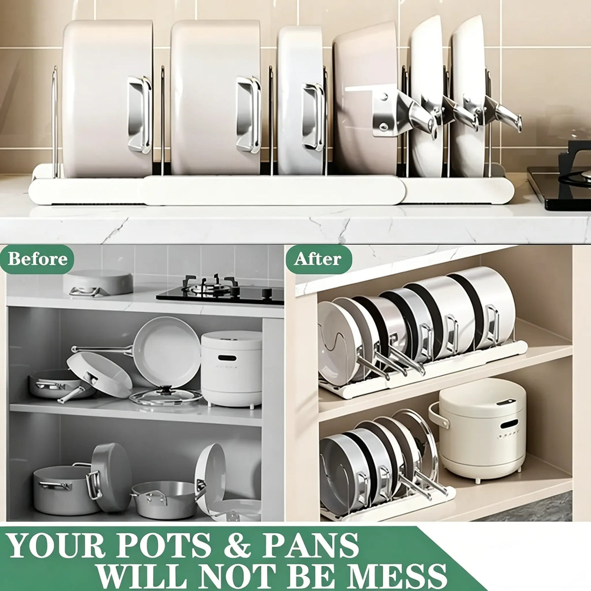 UFORU Expandable Kitchen Pots and Pans Organizer Rack - Heavy-Duty Steel&Plastic Cookware Storage with 7 Removable Dividers, Rust-Resistant Lid Holder for Cabinet Storage, Home Use Organization