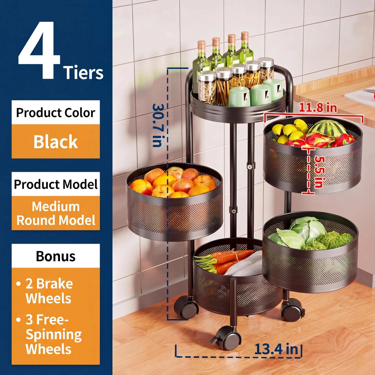 4 Tier Rotating Kitchen Storage Cart on Wheels, Carbon Steel Moving Storage Rack with Top Lid & Basket for Kitchen, Bathroom, Living Room, Bedroom