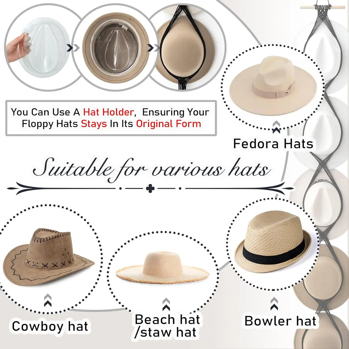 Macrame Hat Hangers Boho Hat Rack Cowboy Hat Hanger  of Door Hat Organizer (Black,Five Hats Style)
