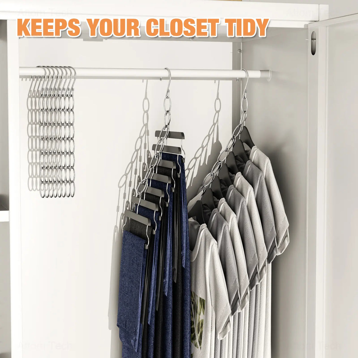 NiHome 10-Pack Heavy Duty Metal Clothes Hangers - Durable, Non-Slip, Multifunctional Damage-Free Space Savers with Carry Pouch for Compact Closet Organization System, Clothing Chain, Dorms