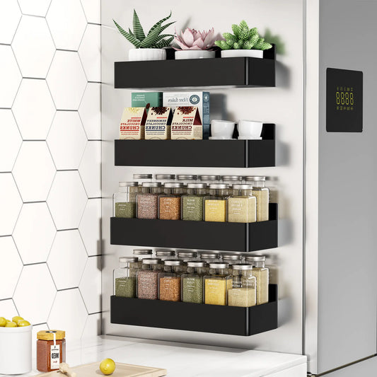 Nieifi 4-Pack Magnetic Spice Rack, Strong Magnet Fridge Organizer with Shelves for Kitchen, Office, Classroom & Coffee Bar, Black