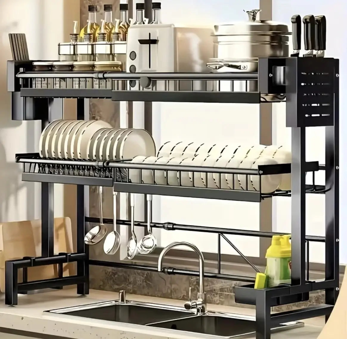 Expandable Carbon Steel Countertop Organizer - 2-Layer Adjustable Rectangle Drain Rack with Corrosion Resistance, Non-Slip Feet, Counter Water Stain Prevention, 25+ kg Load Capacity, Surface Mount, Utensil Storage, Kitchen Accessory