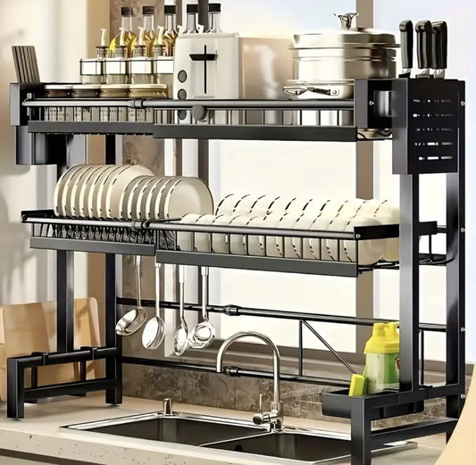 Expandable Carbon Steel Countertop Organizer - 2-Layer Adjustable Rectangle Drain Rack with Corrosion Resistance, Non-Slip Feet, Counter Water Stain Prevention, 25+ kg Load Capacity, Surface Mount, Utensil Storage, Kitchen Accessory