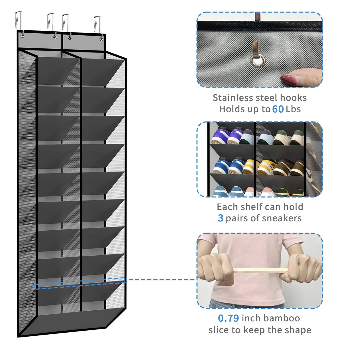 30-Pair Door-Side Organizer Shoe Rack, Breathable Mesh Hanging Shoe Cabinet, 10-Layer Back-Of-Door Shelf, Ideal for Closet Storage, Family Use