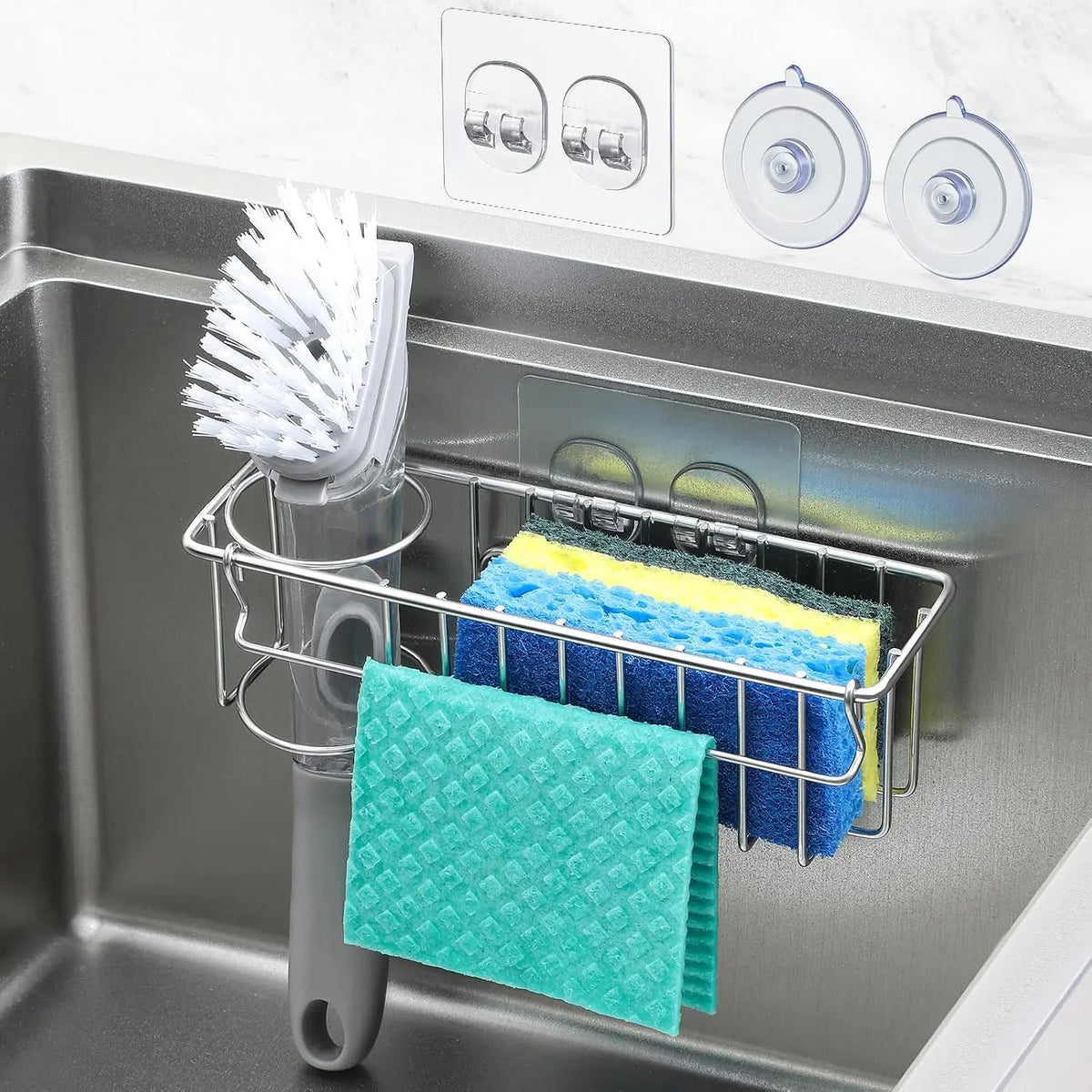 3-In-1 Sponge Holder for Kitchen Sink with Suction Cups & Adhesive Hook , In-sink Sponge Holder, Wall  Sink  Organizer Rack - Sponge, Dish Cloth, Brush,  - 304 Stainless Steel