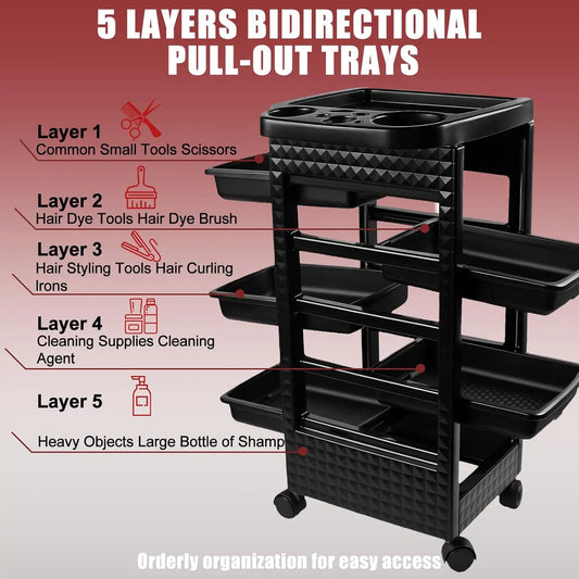 SummerVibes 5-Tier Rolling Beauty Cart – Black Salon Storage with 360° Wheel and 5 Shelves, Salon Organizer of Brush&Styling Tools, Professional Hair Stylist Cart