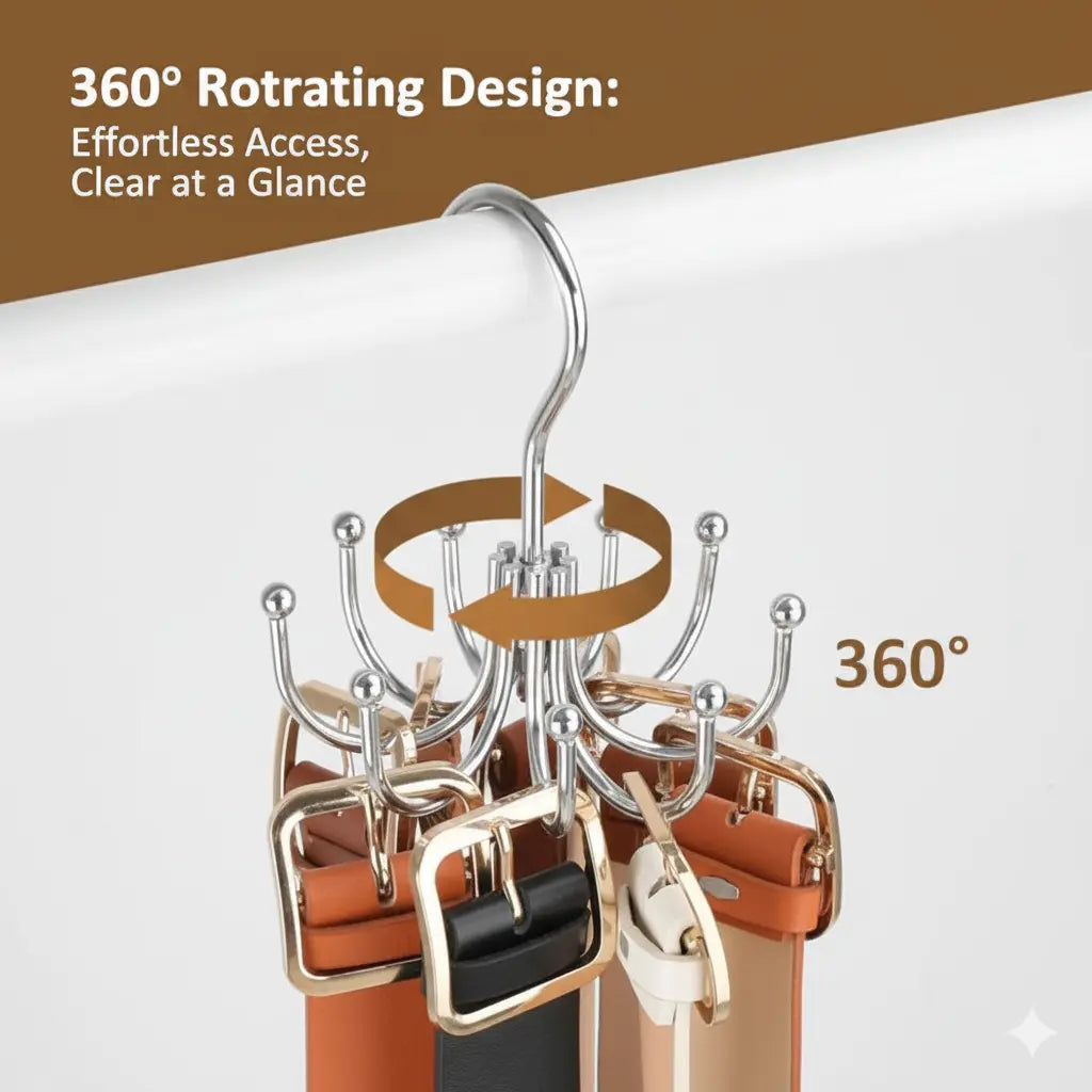 Heavy-Duty Polished Metal Hanging Clothing Organizer - 24-Hook Adjustable 360° Swivel Space Saving Hanger, Home Storage Hooks for Closet Storage, Tie Holder for Belts, Scarves, Purses, Bras, Tank Tops