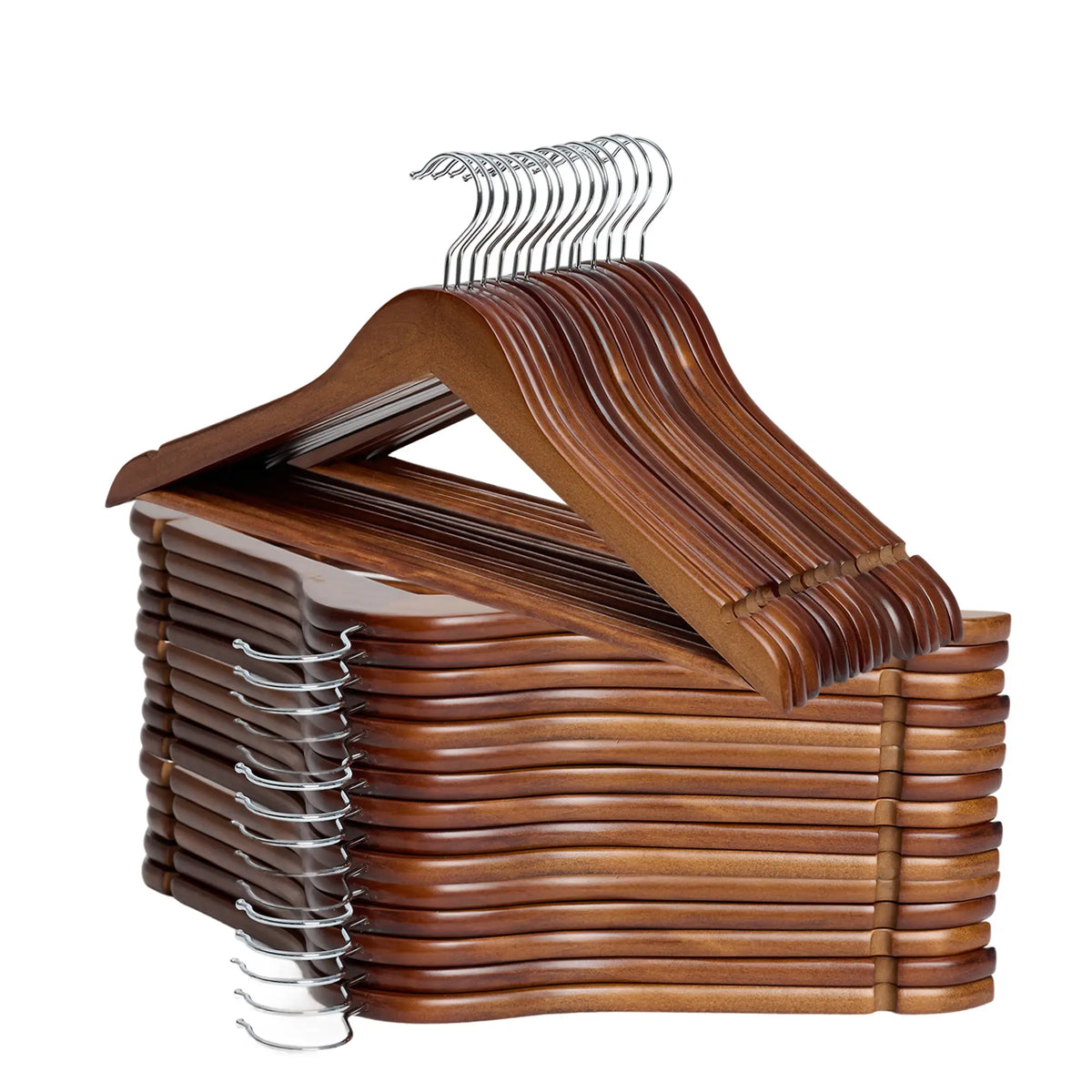 BePatio 17.32" Soild Wooden Coat Hangers,10~30 Pack Clothes Hangers ,Natural Wood Suit Hangers with Non Slip Pant Bar & 360 Degree Rotatable Hook ,Clothes Hangers for Shirts, Jackets, Dress, Pant, Perfect for your closet.