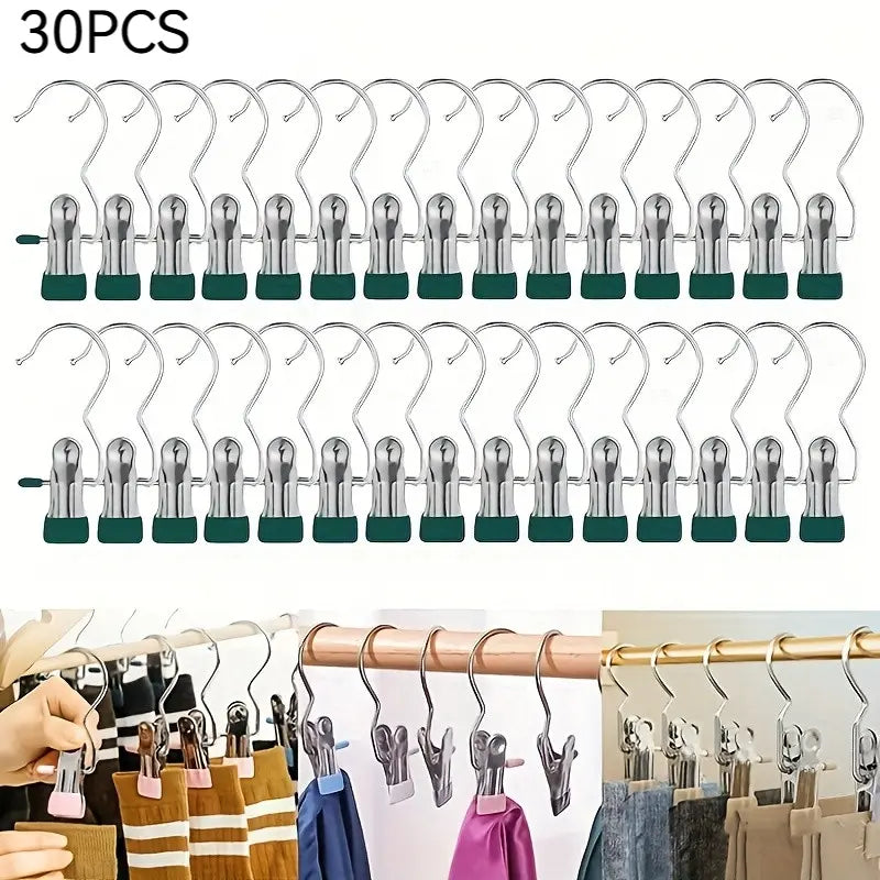 Multi-Functional Metal Clothes Clips with Hooks, Portable 360° Rotating Closet Organizer, Home Storage Clips for Laundry and Apparel, Clip Hangers for Pants