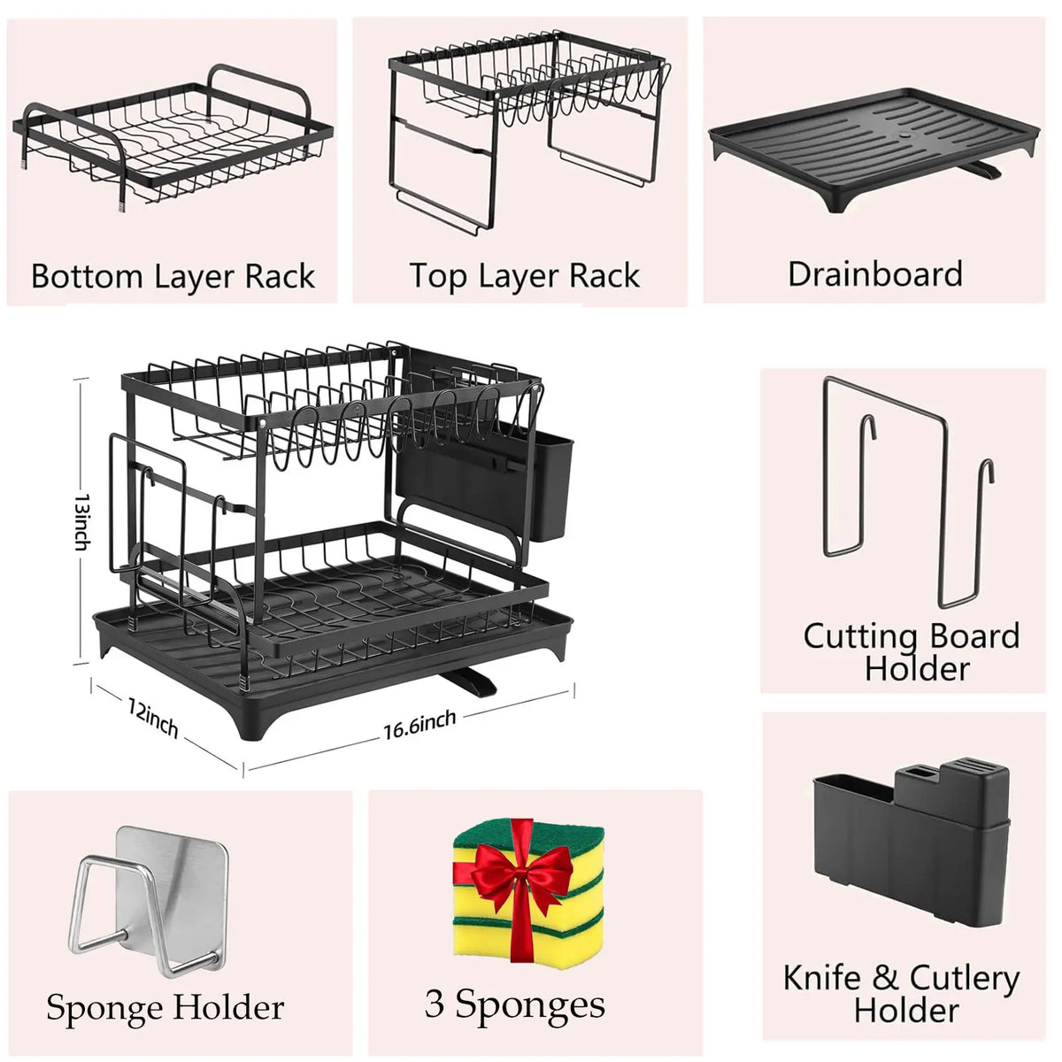 2-Tier Dish Drying Rack with 3 Sponges and 1 Holder, Large Capacity Dish Drying Organizer with Drainboard, Kitchen Space Saver Cutlery Organizer