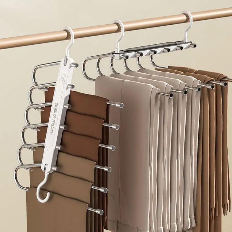 6 Layer Pants Hanger Space Saving Closet Organizer, Multifunctional Folding Clothes Rack with 65mm Wide Spacing, Anti-Slip for Jeans Trousers Wardrobe