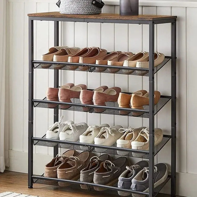 SONGMICS HOME Free-Standing Industrial Shoe Rack - Durable, Space-Saving Shoe Organizer with Sturdy Wooden Top & Steel Frame, Holds 16-20 Pairs, Antitip Kit Incl
