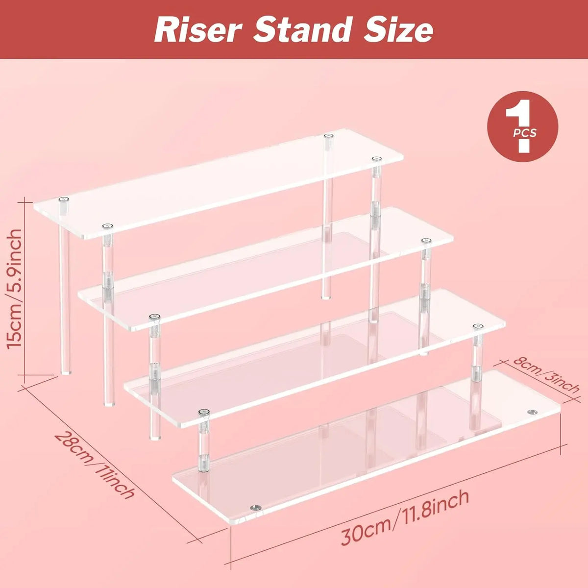 4-Tier Acrylic Display Riser Stand Clear Display Shelf Organizer for Perfume, Cupcakes, Desserts, Collectibles, Figures & Decorations, Multi-Level Countertop Display Rack for Home, Parties & Retail Displays