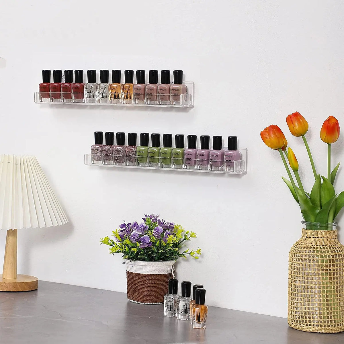 Nail Polish Wall Rack: 6-tier storage shelf, 15-inch clear acrylic nail polish organizer, holds 66 to 90 nail polish bottles, multi-functional floating acrylic shelf, Cosmetic Display Stand, Beauty Products Holder