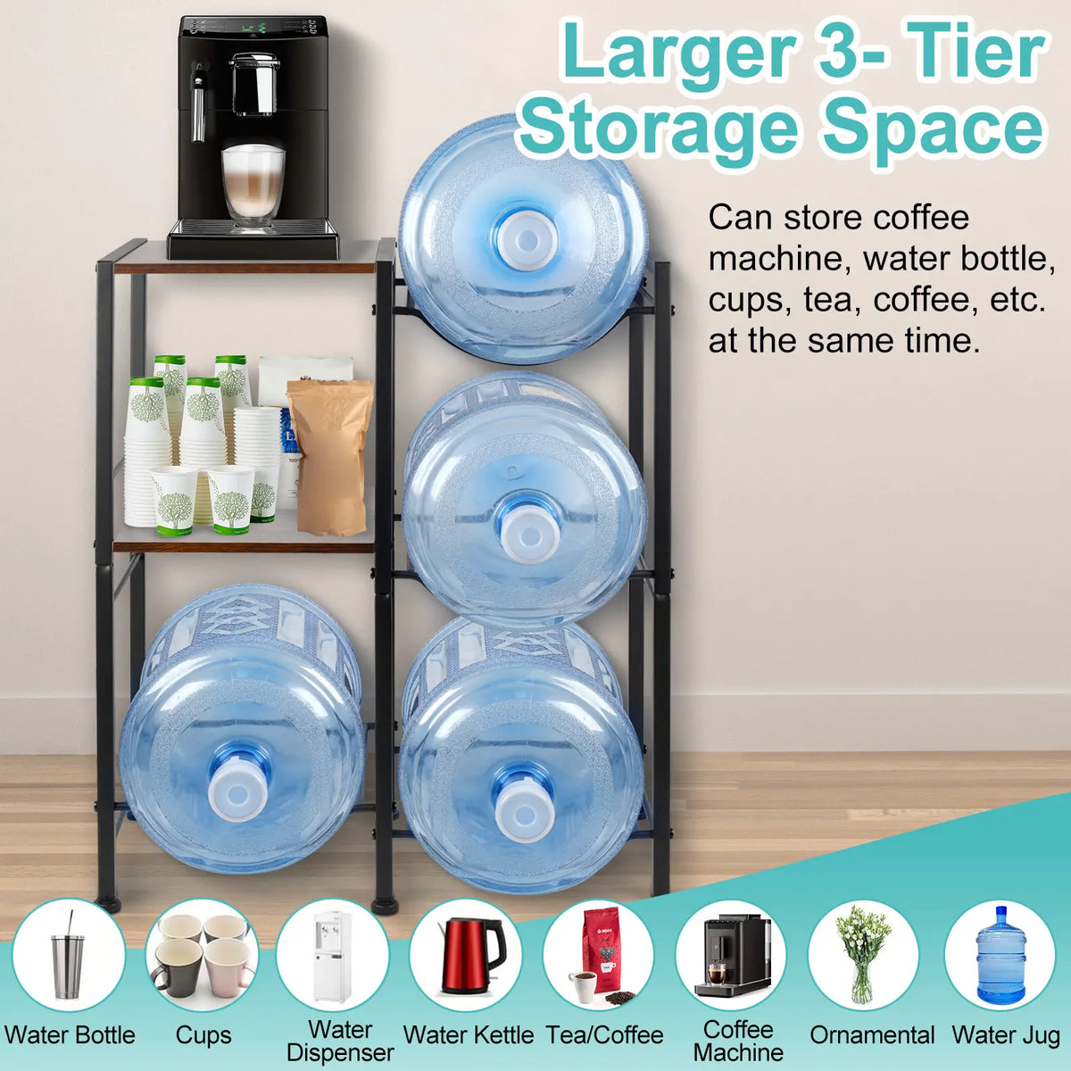 2-Tier Wooden 5 Gal Water Jug Holder Organiser - Space-Saving Storage Shelf, Adjustable Steel Water Dispenser Stand, Multifunctional for Home Office, Easy Installation