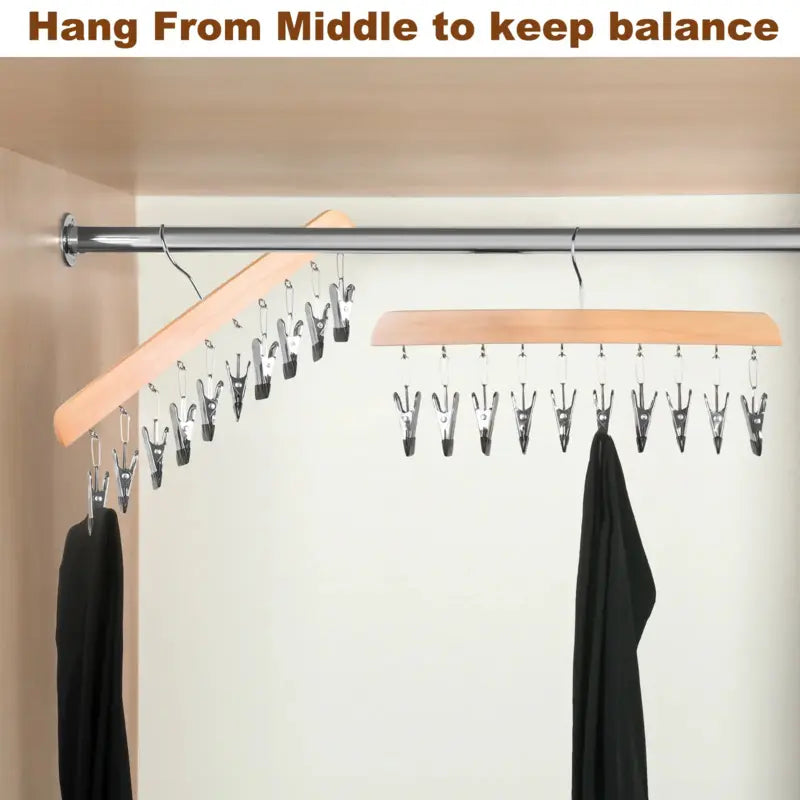 Wooden Leggings Hanger 2-Pack - Hanging Clothes Organizer with 10 Rubber-Coated Clips Each, Holds 20 Leggings, Jackets, Pants, Non-Woven Space-Saving Home Closet Organization Solution