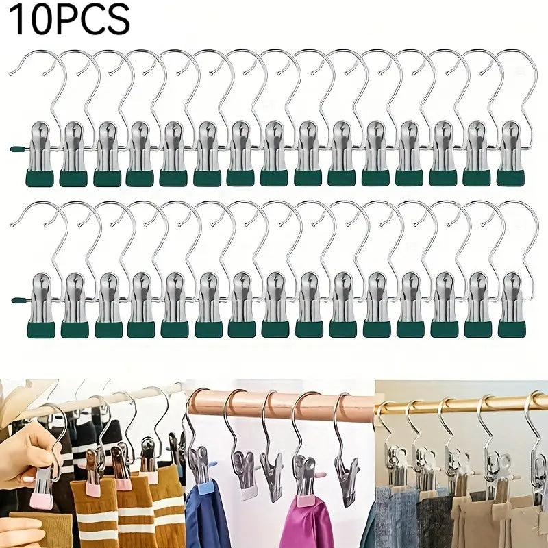 Multi-Functional Metal Clothes Clips with Hooks, Portable 360° Rotating Closet Organizer, Home Storage Clips for Laundry and Apparel, Clip Hangers for Pants
