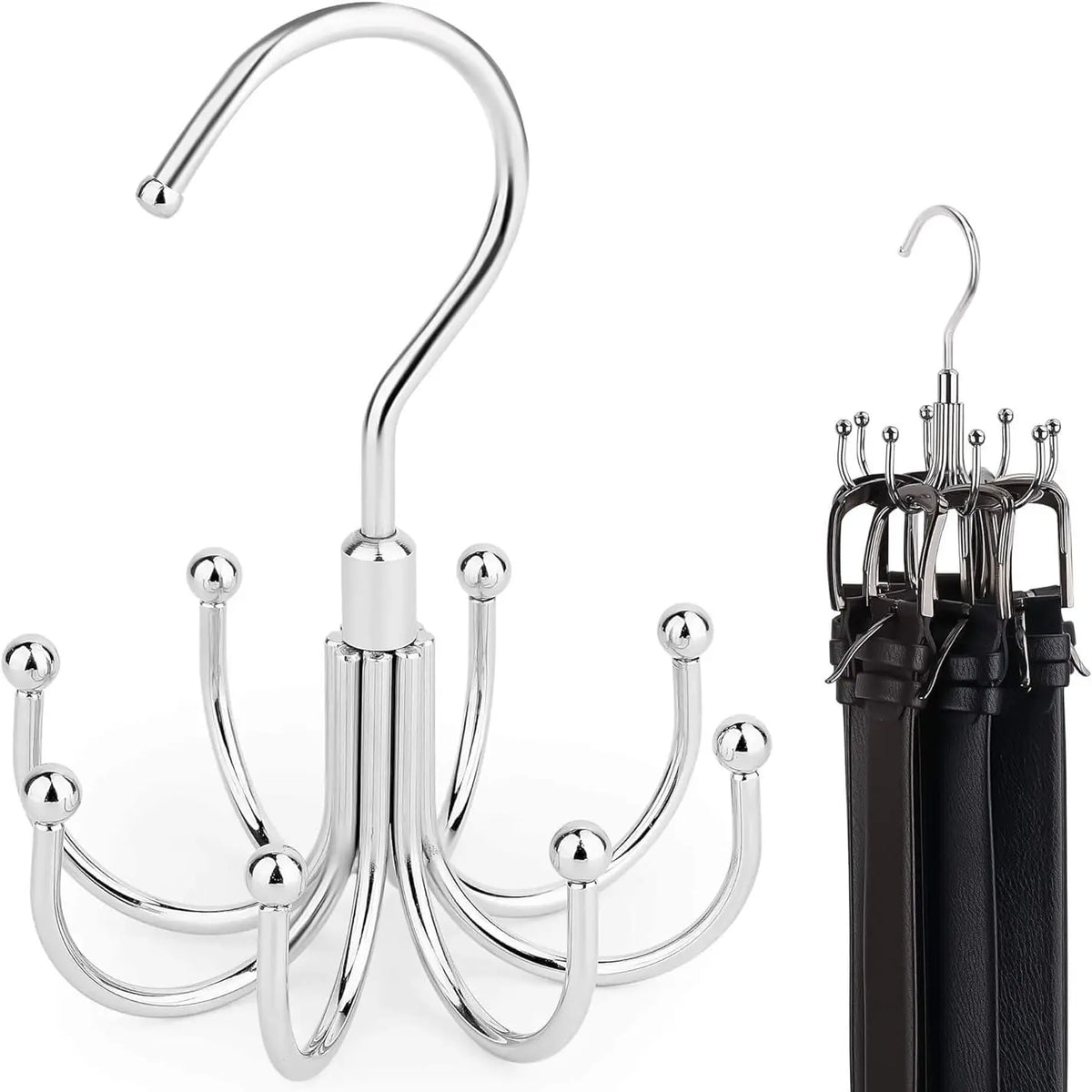 Heavy-Duty Polished Metal Hanging Clothing Organizer - 24-Hook Adjustable 360° Swivel Space Saving Hanger, Home Storage Hooks for Closet Storage, Tie Holder for Belts, Scarves, Purses, Bras, Tank Tops