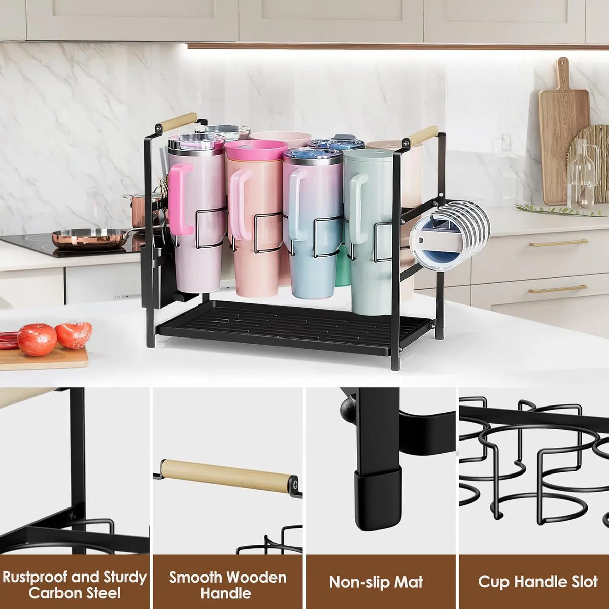 8-Slot Adjustable Smooth Expandable Silicone 2-in-1 Water Bottle Organizer Drying Rack - Kitchen Cabinet Beverage Storage Rack, Cup Organizer for 40 oz Tumblers with Handles (Patented, Removable Silicone Pad, Kitchen Accessories, Father's Day Gifts)