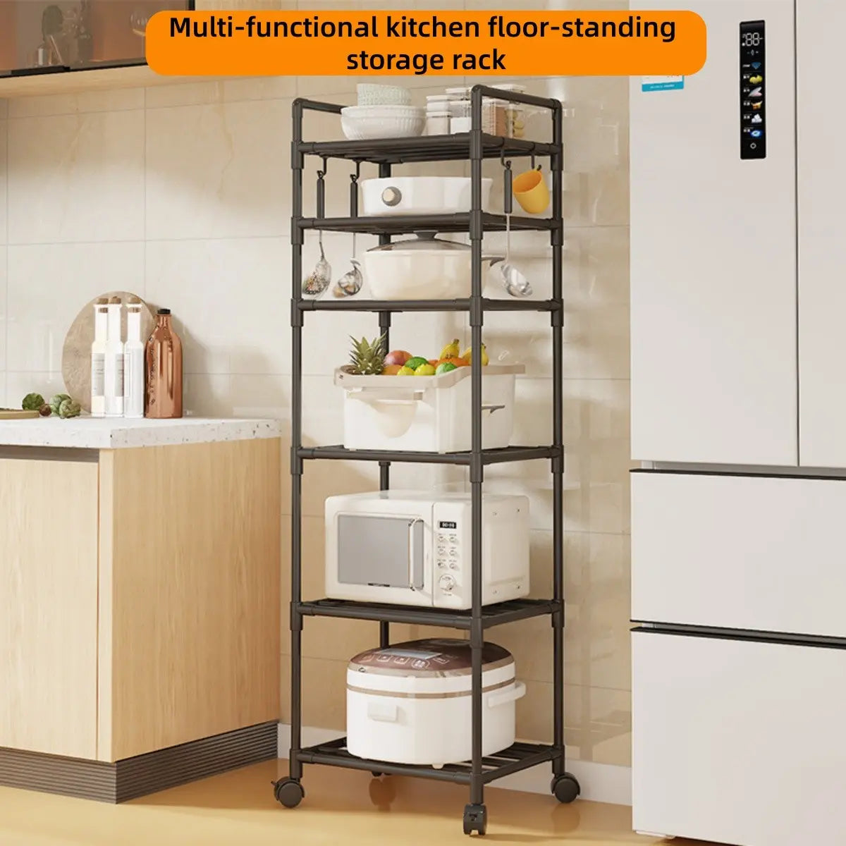 Kitchen Storage Rack, Adjustable Metal Rack, Adjustable Organiser, 3-6 Tier Metal Shelf with Wheeled Mobility, Multi-Purpose Versatile Use Organizer for Oven Pots, Options, Home Bathroom Storage, Layered Shelf Organizer, Multifunctional Storage Shelf