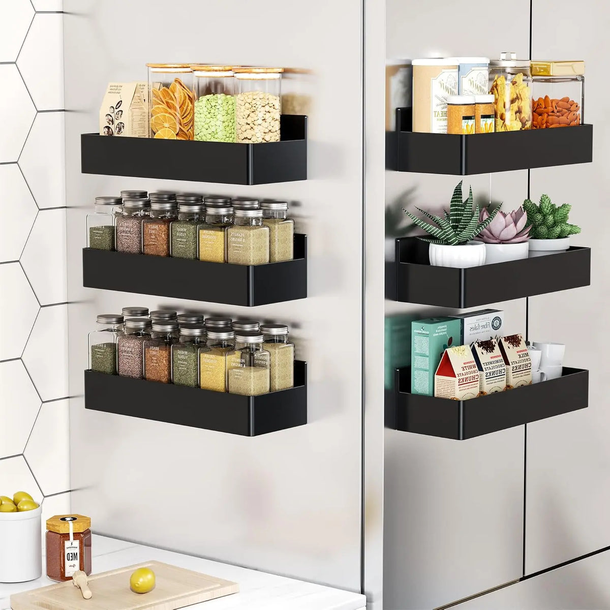 Nieifi 4-Pack Magnetic Spice Rack, Strong Magnet Fridge Organizer with Shelves for Kitchen, Office, Classroom & Coffee Bar, Black