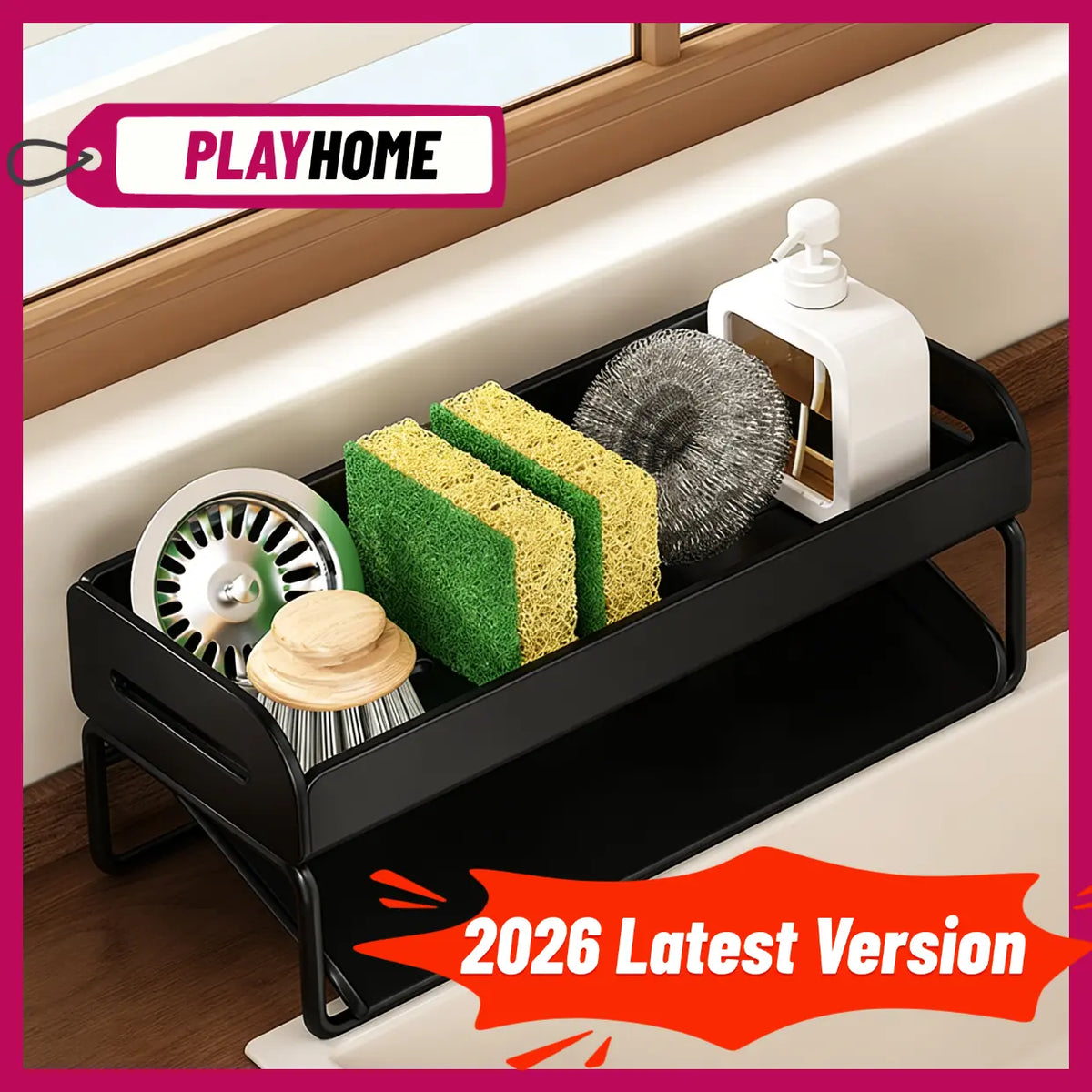 Sponge Holder for Kitchen Sink, Sink Caddy with High Brush Holder, Stainless Steel Dish Sponge  with Divider, Dish Soap Dispenser Storage Organizer Racks