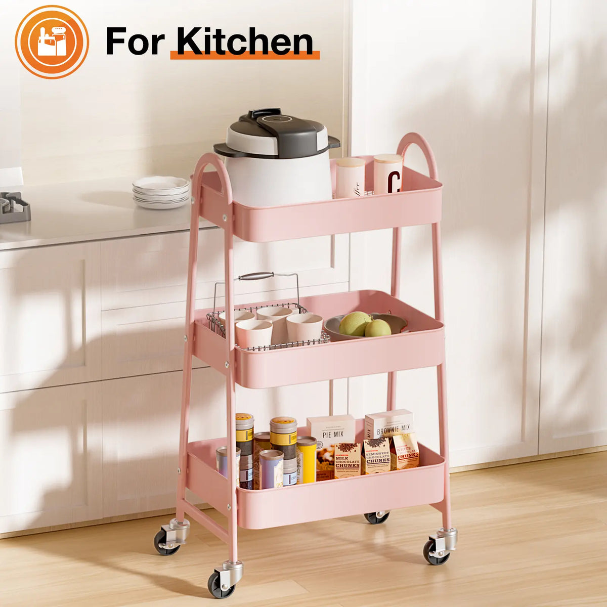 3-Tier Stable Metal Rolling Cart Organization - Indoor Storage Utility Trolley with Locking Wheels, Narrow Mobile Rack for Bedside Snack Cart, Magazine Shelf Use