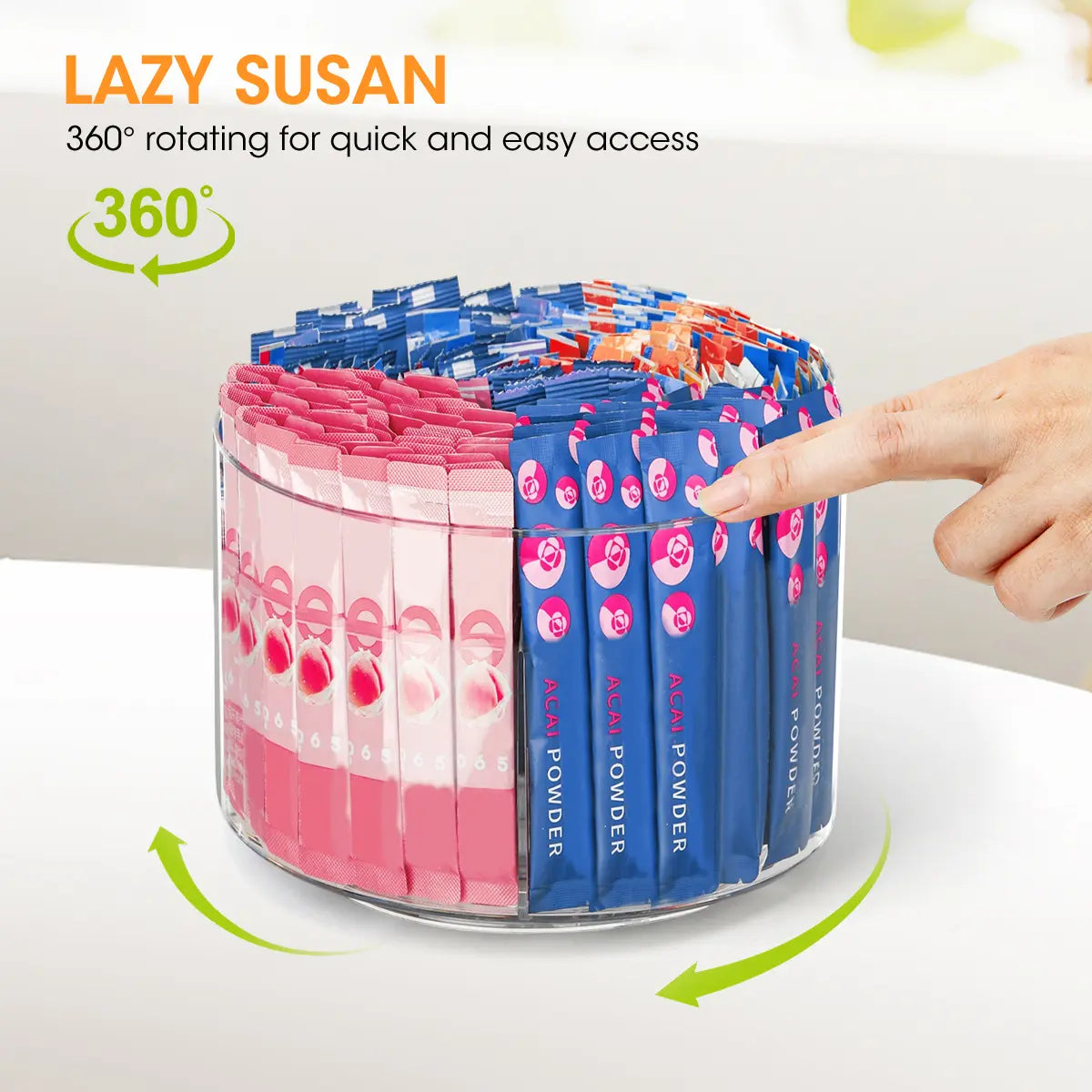 AIEVE Acrylic Holder Dispenser - 360° Turntable Storage Organization Rack, Drink Packet Organizer for Water Flavor Mixes, Built for Kitchen Counters & Desks (Summer Sale Deal)