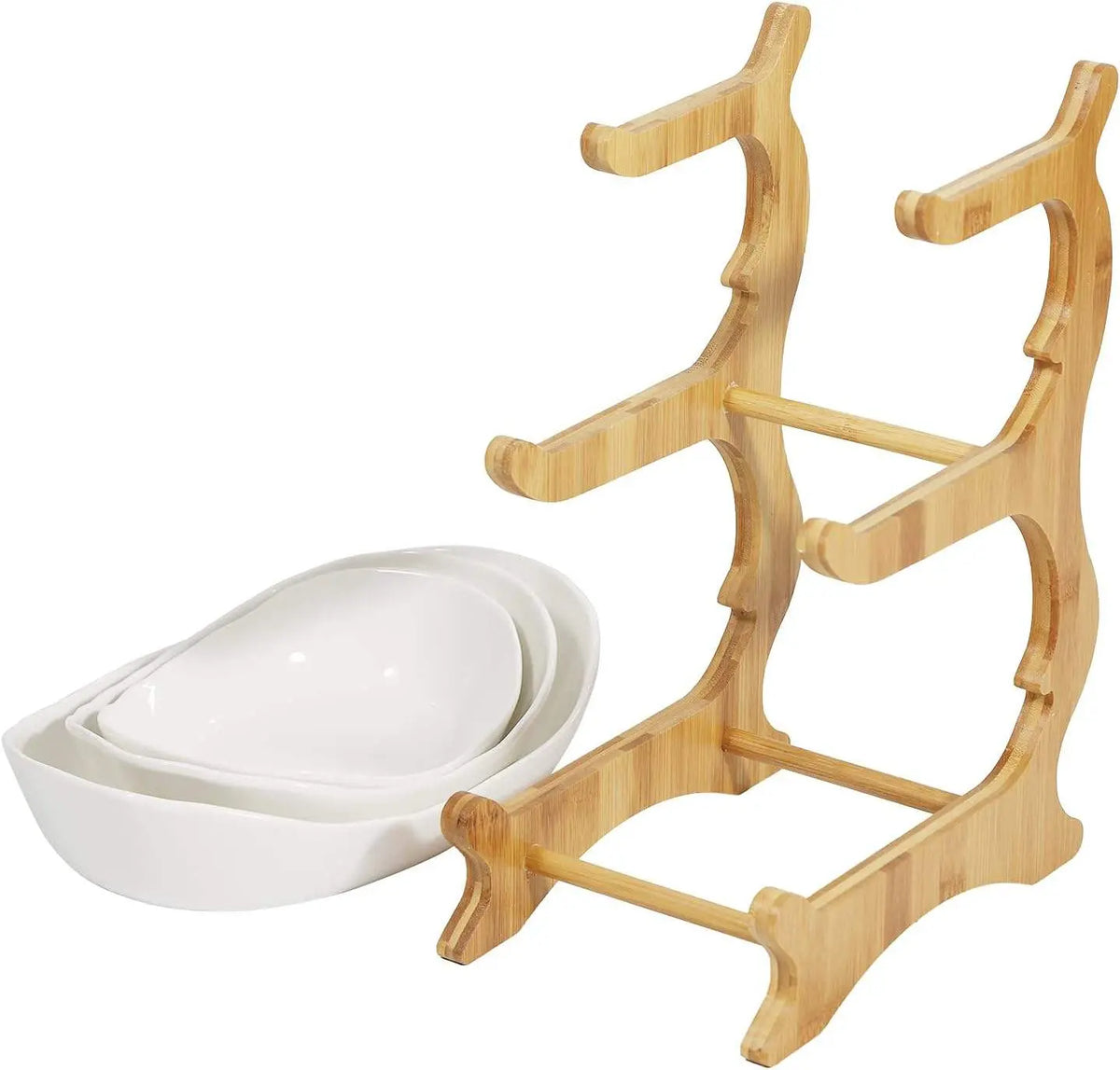 Modern 3-Tier Fruit Basket Stand, Bamboo Frame Snack Tray for Living Room , Space-Saving Countertop Organizer with White Plastic Bowls , Kitchen Countertop Snack Dessert Cake Tray Holder, Countertop Organizer , Decorative Tray , Vegetable Fruit Container