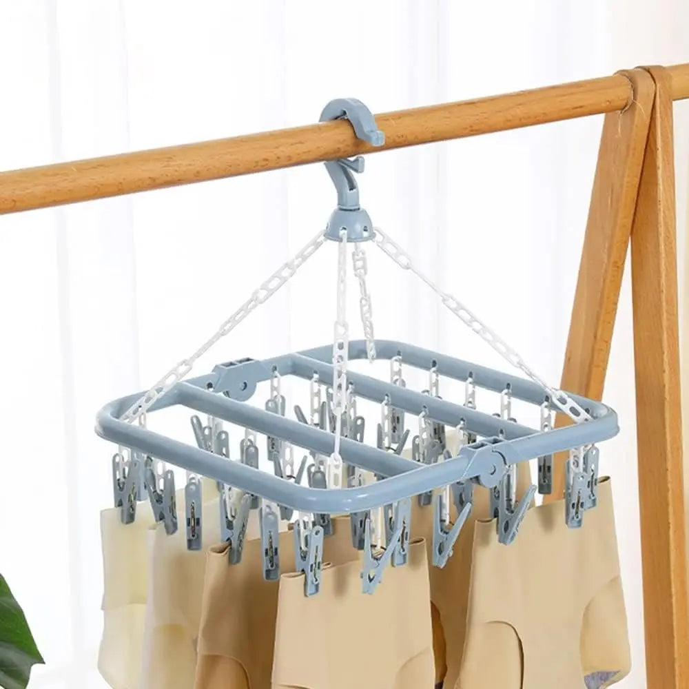 Plastic Folding Clothes Hanger with 32 Clips - Adjustable, Compact, Space-Saving Scandinavian Blue Organiser, Hangers Space Saving for Balcony/Bath, Hanging Drying Rack with Hook