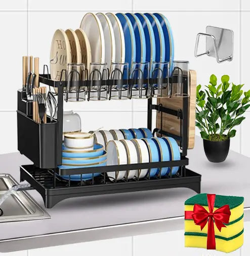 2-Tier Dish Drying Rack with 3 Sponges and 1 Holder, Large Capacity Dish Drying Organizer with Drainboard, Kitchen Space Saver Cutlery Organizer