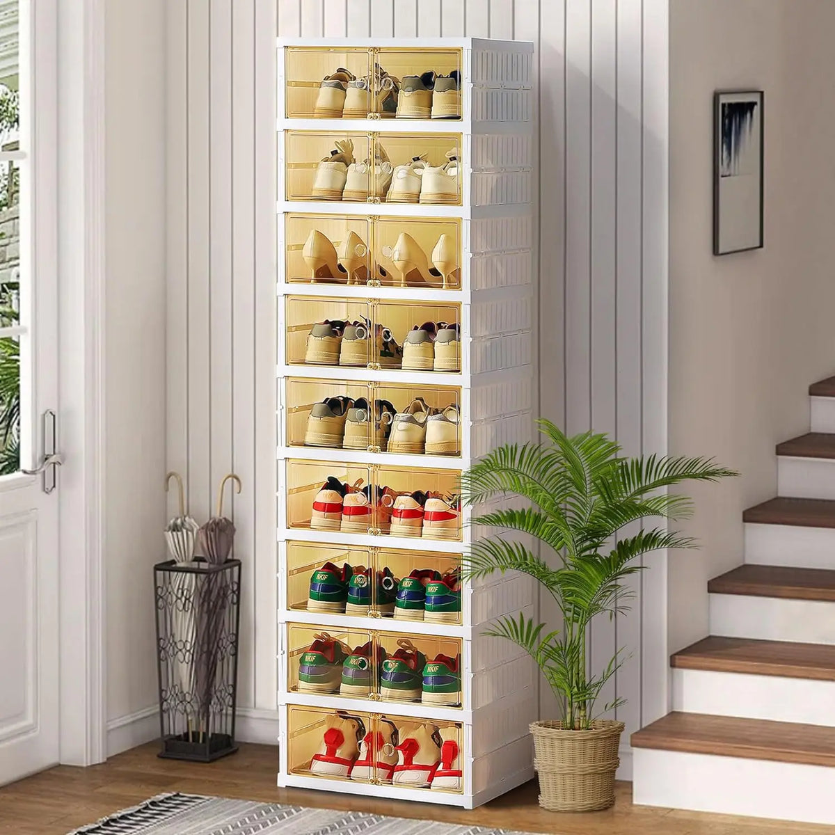 Lingrong 9-Tier Foldable Shoe Rack Organizer for Closet Plastic Shoe Shelf Collapsible Shoes Storage Box Clear Shoe Boxes Stackable