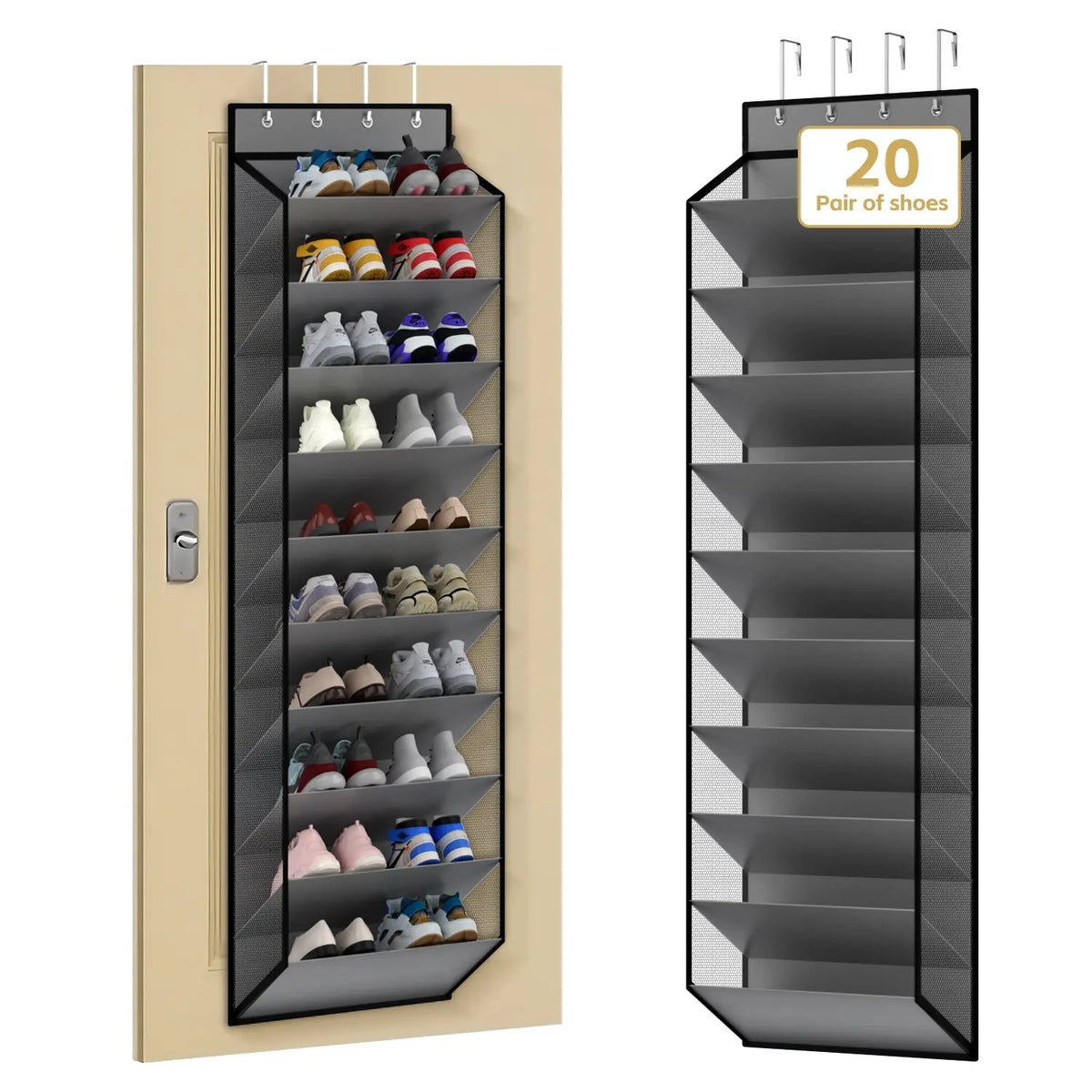 20 Pair Shoe Storage Bag, 10 Tier Hanging Organizer, Mesh Shoe Rack with 4 Metal Hooks, Closet and Door Back Storage Solution