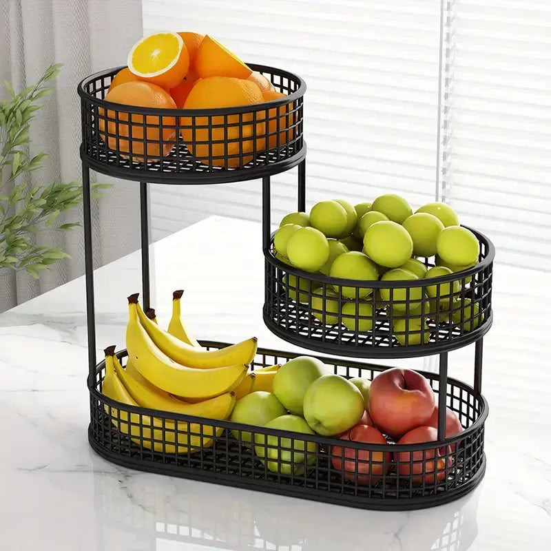 LOVEWE 3-Tier Rustproof Metal Fruit Basket Organizer with Hook Saves Space, Compact Efficient Countertop Storage for Fruits & Vegetables, Space-Saving Kitchen Decor Rack, Kitchen Gadget