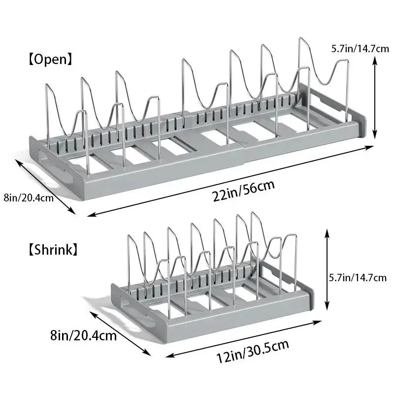 Expandable Pot and Pan Organizer Rack for Cabinet, Pot Lid Organizer with 7 Adjustable Stainless Steel Dividers, Kitchen Storage Rack Holder for Pan Lids & Bakeware Utensils, Countertop & Cabinet Organizer (White/Grey) gift
