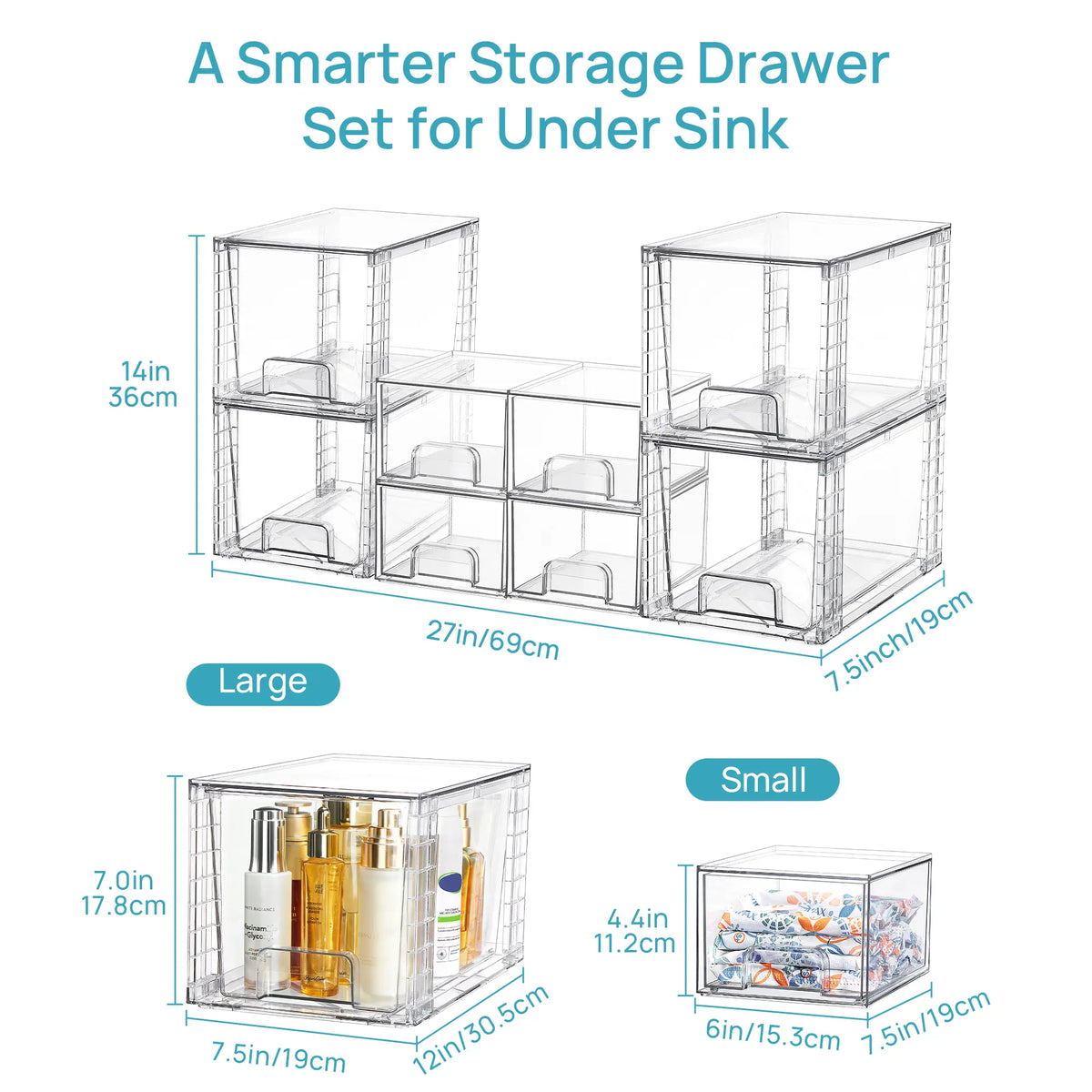 【Restock】Vtopmart 2-8 Pack 12in Stackable Undersink Storage Drawers - Easy-Assemble Plastic Box Organizer, Home Goods Storage Organization Solution for Bathroom Vanity Makeup Cosmetic Organizer Needs
