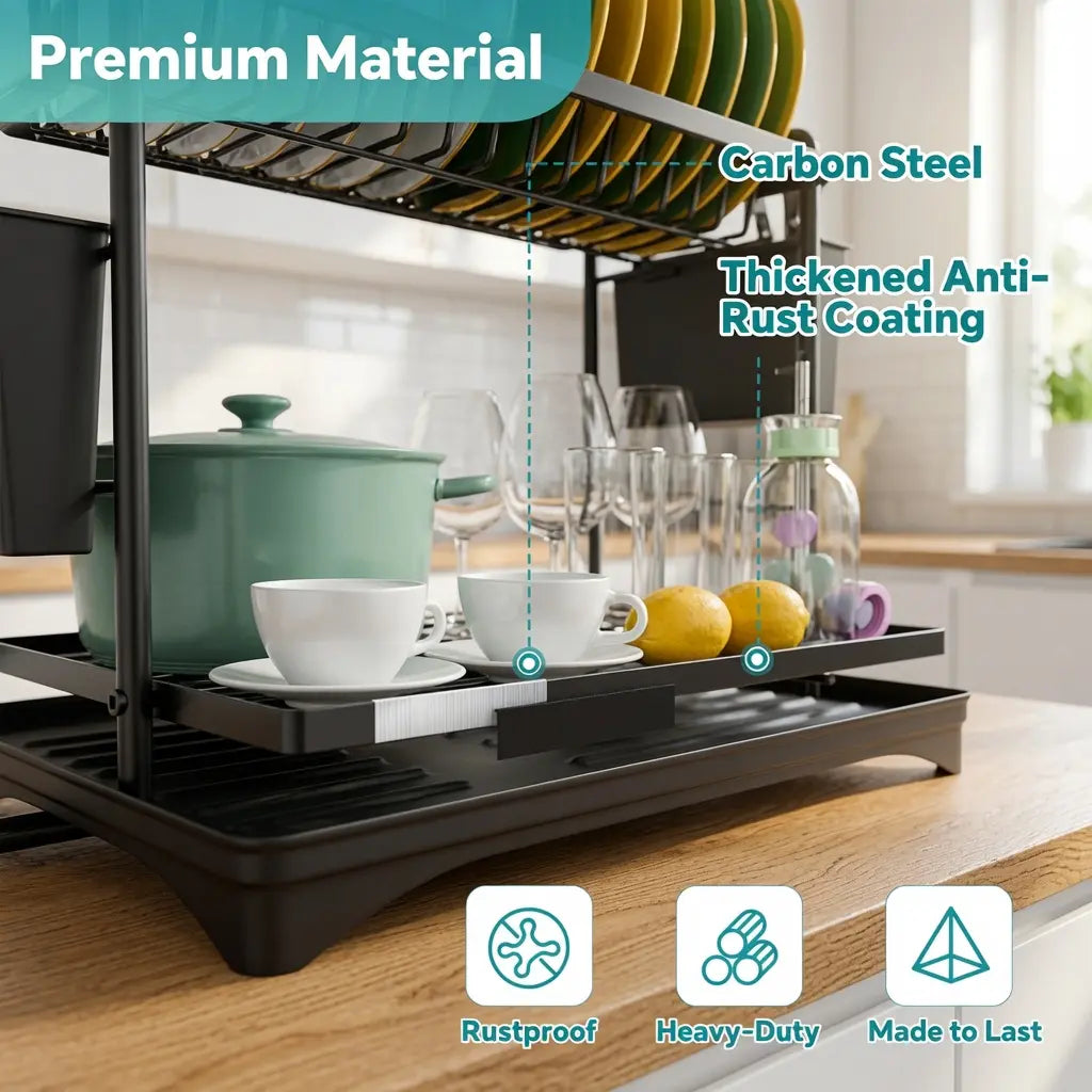 VIREFIRA Black 2-Tier Aluminum Countertop Organizer - 2-Tier Dish Sorting Rack with Compartmentalized Sinkwater Channels, Adjustable Metal Rack, Glass-Safe Holder, Rust-Resistant Rectangle Unit, Easy Wipe Clean for Kitchen Plates Bowls Utensils