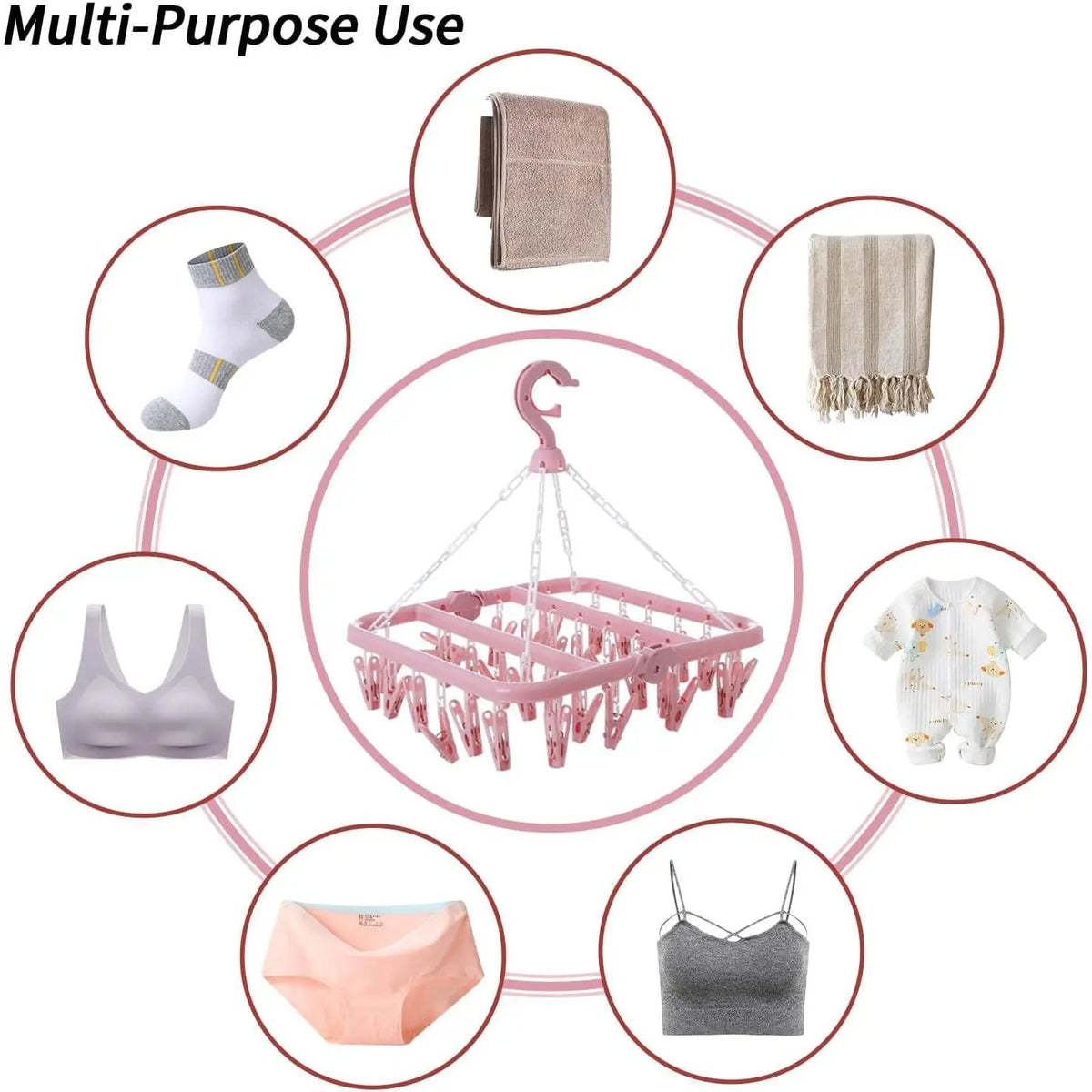 Plastic Compact Laundry Hanging Rack - Lightweight Eco-Friendly Durable Clothing Organizer, 32-Clips Hanger Space Saving Organiser Hanger, Foldable, 360° Rotatable Hook, Wall Mount Option, Adjustable Travel-Ready for Socks