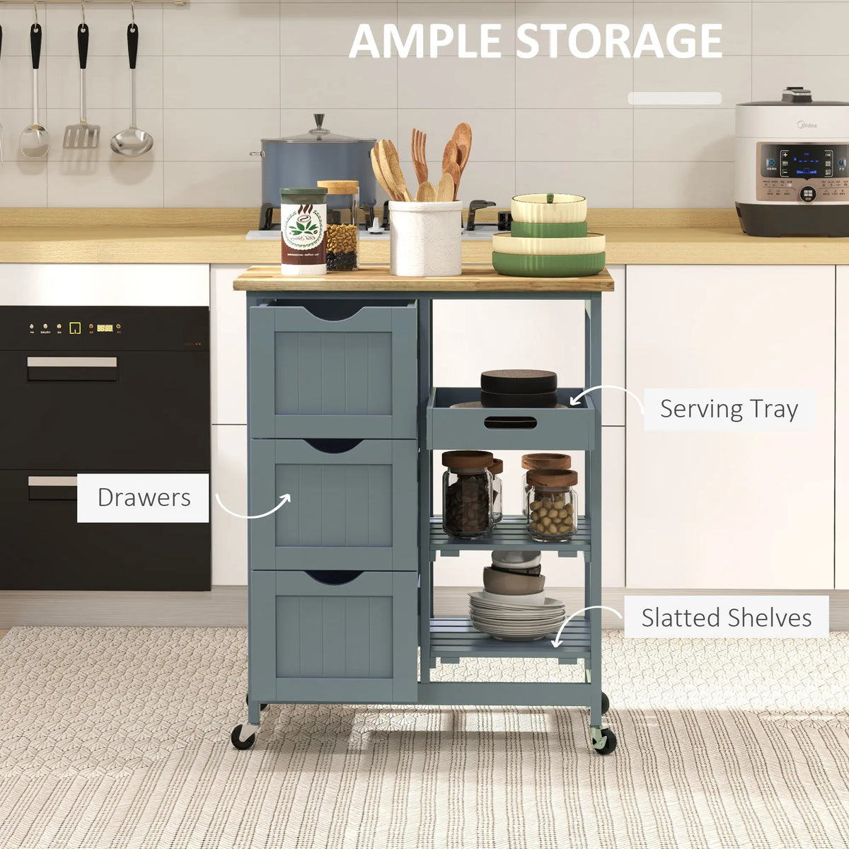 HOMCOM Compact Kitchen Island Organiser Cart on Wheels - Portable Storage Unit with Cabinet, Racks, Storage Shelf & Drawer for Dining Room, Grey